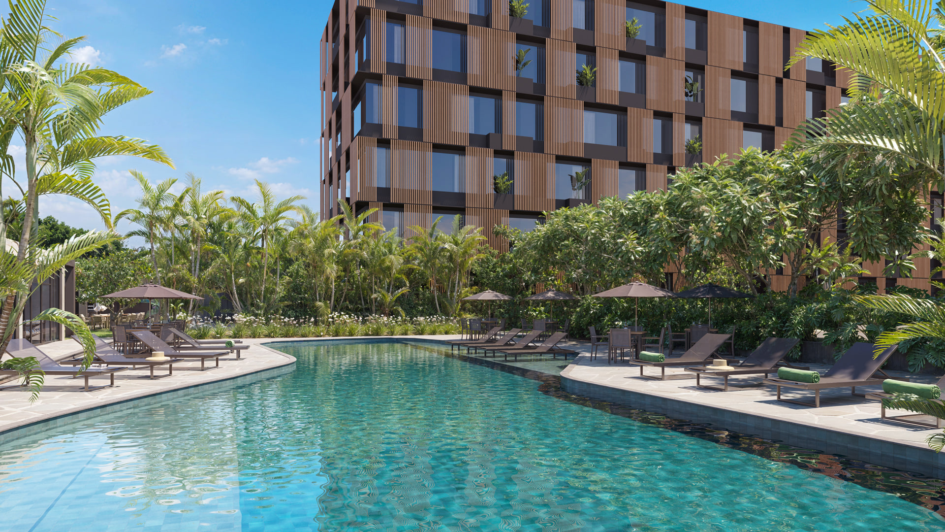 Render original de uma área de lazer com piscina, em luz de dia, do jeito que saiu do programa de renderização